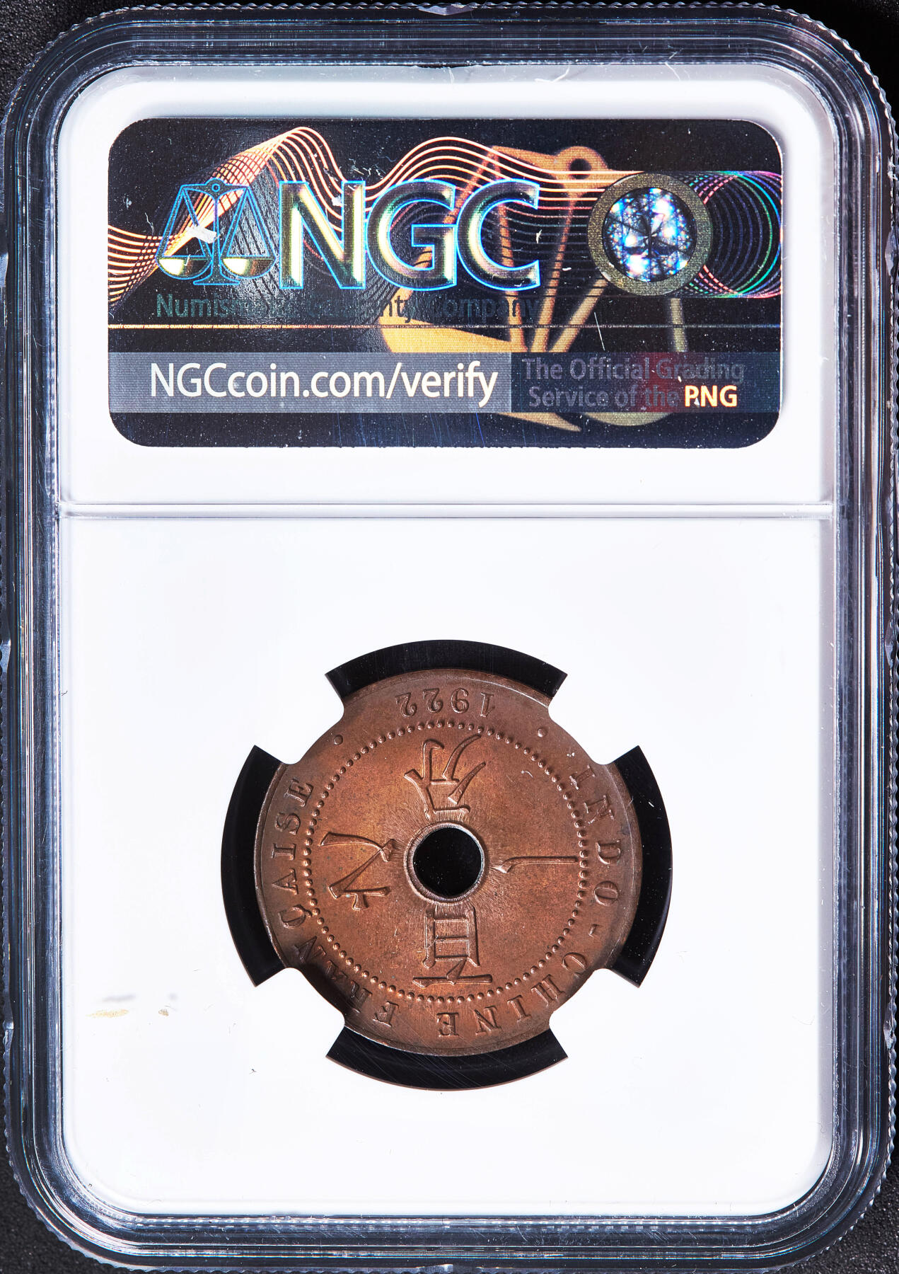 【俄甄集藏】2026年(050)04-01星期三 晚 19:30 全场包邮 法属印度支那1922年A版中孔百分之一（1分）铜币，NGC MS63RB，原铜光难得