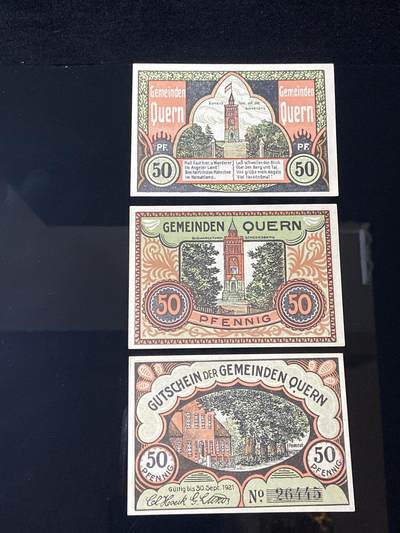 2026年第三十七场(总第二百零六场）德紧纸币特拍场(佣金3%，最低1元) - 德紧纸币–德国石勒苏益格-荷尔斯泰因州奎恩乡（Gemeinden Quern）50芬妮三枚套票