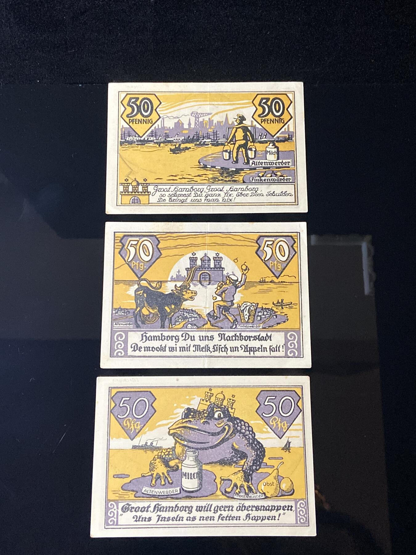 2026年第三十七场(总第二百零六场）德紧纸币特拍场(佣金3%，最低1元) 德紧纸币–德国讽刺汉堡市（Stadt Hamburg）吞并周边乡镇（阿尔滕韦德尔 Altenwerder、芬肯韦德尔 Finkenwerder 等）50芬妮三枚套票