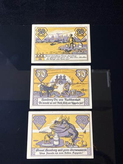 2026年第三十七场(总第二百零六场）德紧纸币特拍场(佣金3%，最低1元) - 德紧纸币–德国讽刺汉堡市（Stadt Hamburg）吞并周边乡镇（阿尔滕韦德尔 Altenwerder、芬肯韦德尔 Finkenwerder 等）50芬妮三枚套票