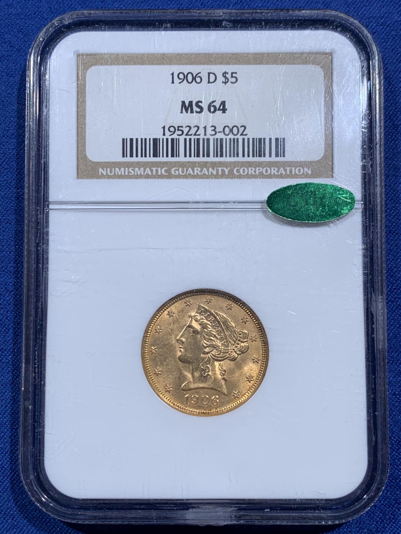 《竞宝斋》第473场 周日，周一 2场连拍 （全场包邮）欢迎送拍 NGC MS64 CAC 美国老鹰金币 1906 D 丹佛造币厂首年开铸的金币 900金 8.359克 此枚打制精美 转光犀利 老盒严评配上CAC认证 实乃不可多得的藏品