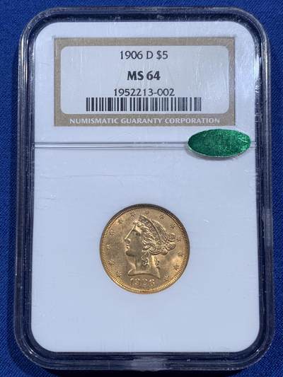 《竞宝斋》第473场 周日，周一 2场连拍 （全场包邮）欢迎送拍 - NGC MS64 CAC 美国老鹰金币 1906 D 丹佛造币厂首年开铸的金币 900金 8.359克 此枚打制精美 转光犀利 老盒严评配上CAC认证 实乃不可多得的藏品