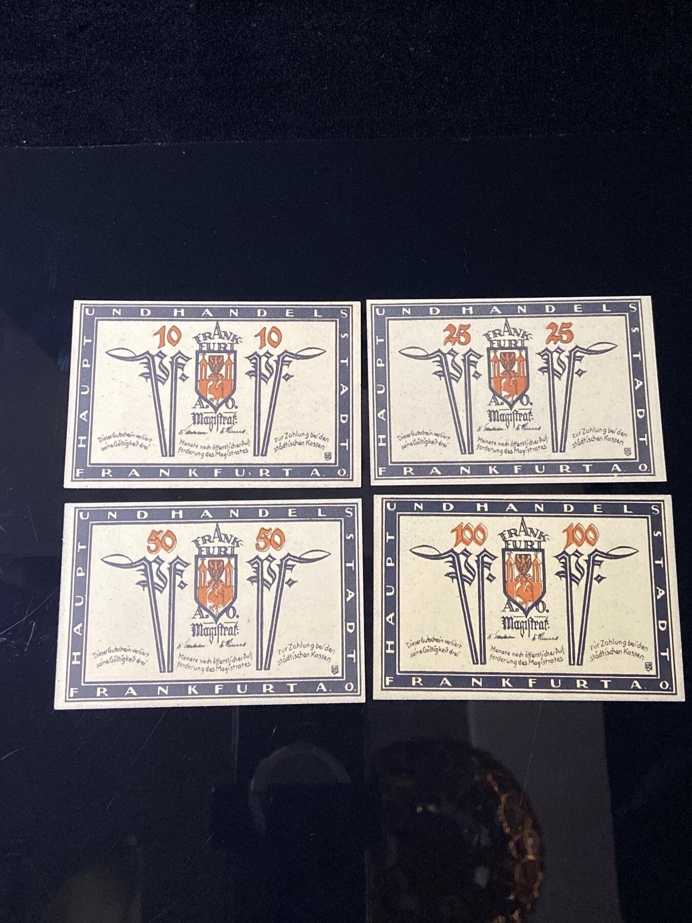 2026年第三十七场(总第二百零六场）德紧纸币特拍场(佣金3%，最低1元) 德紧纸币–德国黑森州法兰克福市（Frankfurt am Main）10、25、50芬妮，1马克四枚套票