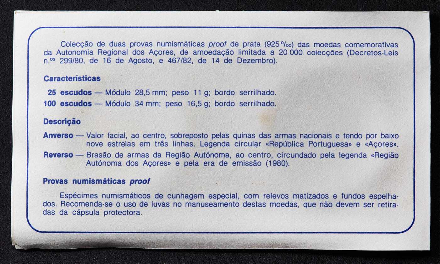 【俄甄集藏】2026年(050)04-01星期三 晚 19:30 全场包邮 葡萄牙1980年纪念亚述尔群岛自治区25、100埃斯库多精制银币2枚套，原盒证，重量：11克/16.5克，925银，发行量20000套，少见品种