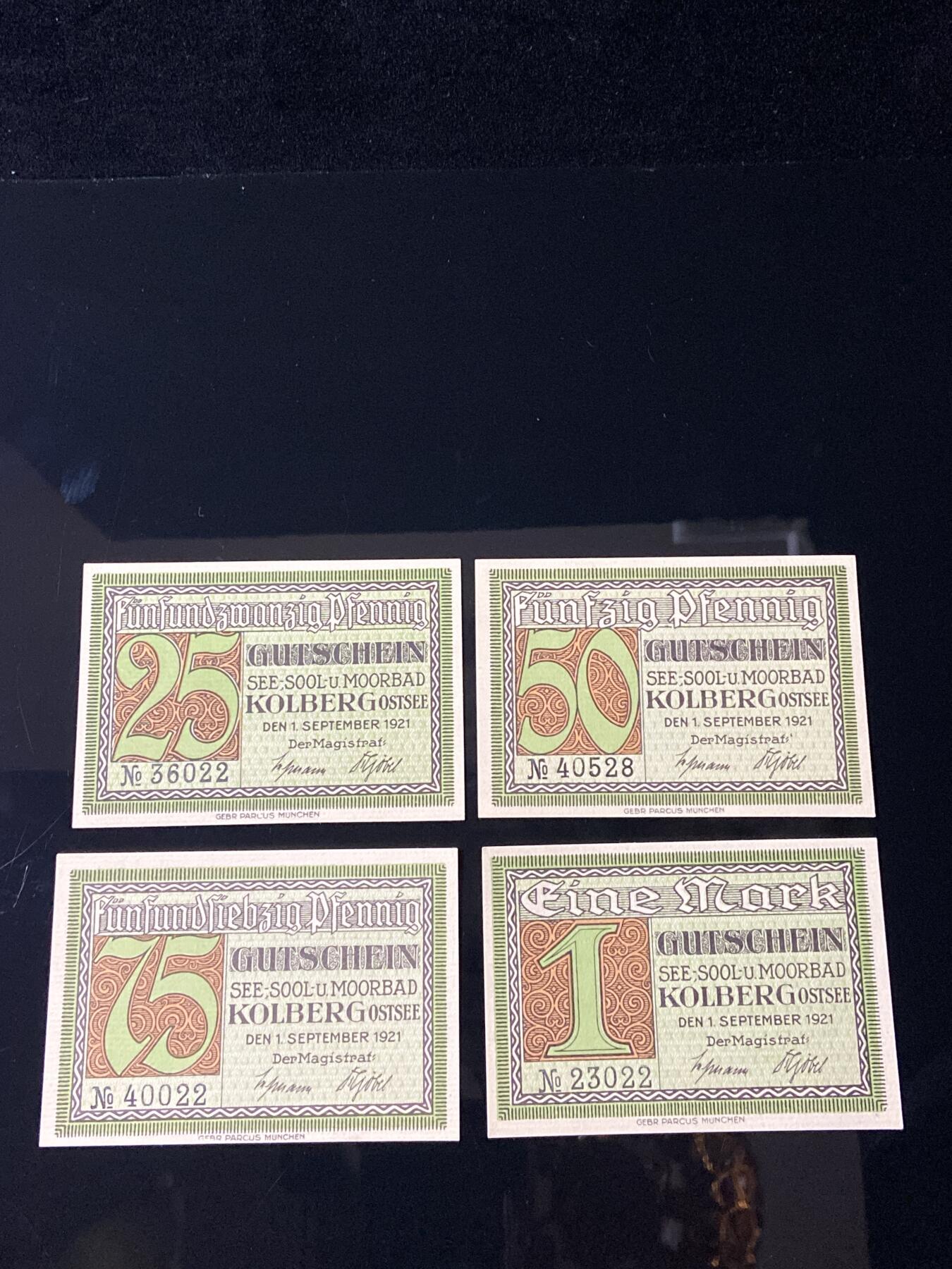2026年第三十七场(总第二百零六场）德紧纸币特拍场(佣金3%，最低1元) 德紧纸币–德国波美拉尼亚州科尔贝格市（Kolberg，现波兰科沃布热格Kołobrzeg）25、50、75芬妮，1马克四枚套票