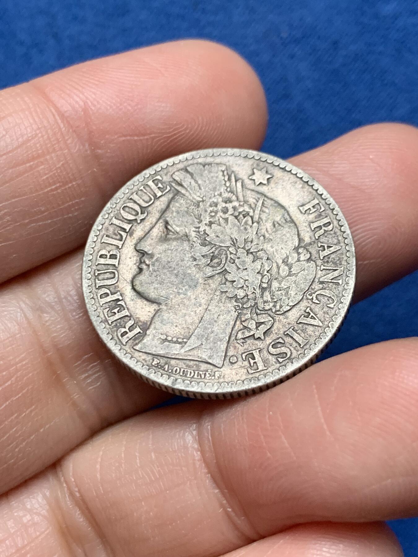 《竞宝斋》第473场 周日，周一 2场连拍 （全场包邮）欢迎送拍 两枚一组 法国谷物女神银币 1850A 5法郎 24.8克+1895年2法郎 9.75克