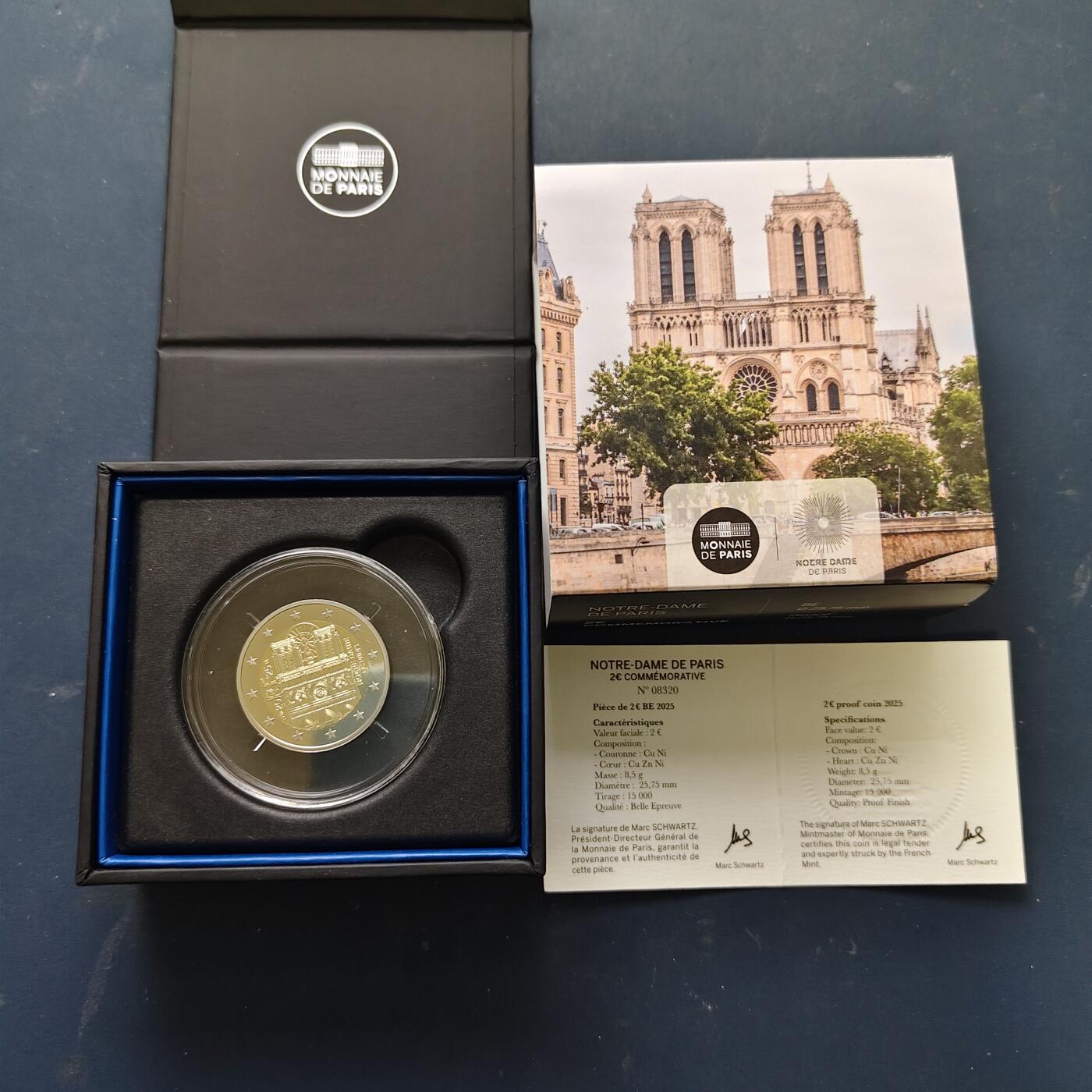 【全场包邮】纯粹捡漏拍515场 法国2025年2欧元巴黎圣母院精制纪念币-盒证全