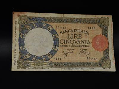  【淘币小摊】限时拍第八百八十四拍   纸币场    每周一统一发货 - 意大利1944年50里拉纸币【有折】