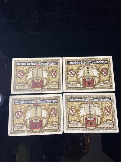 2026年第三十七场(总第二百零六场）德紧纸币特拍场(佣金3%，最低1元) - 德紧纸币–德国勃兰登堡州特罗伊恩布里岑市（Treuenbrietzen）50芬妮四枚套票