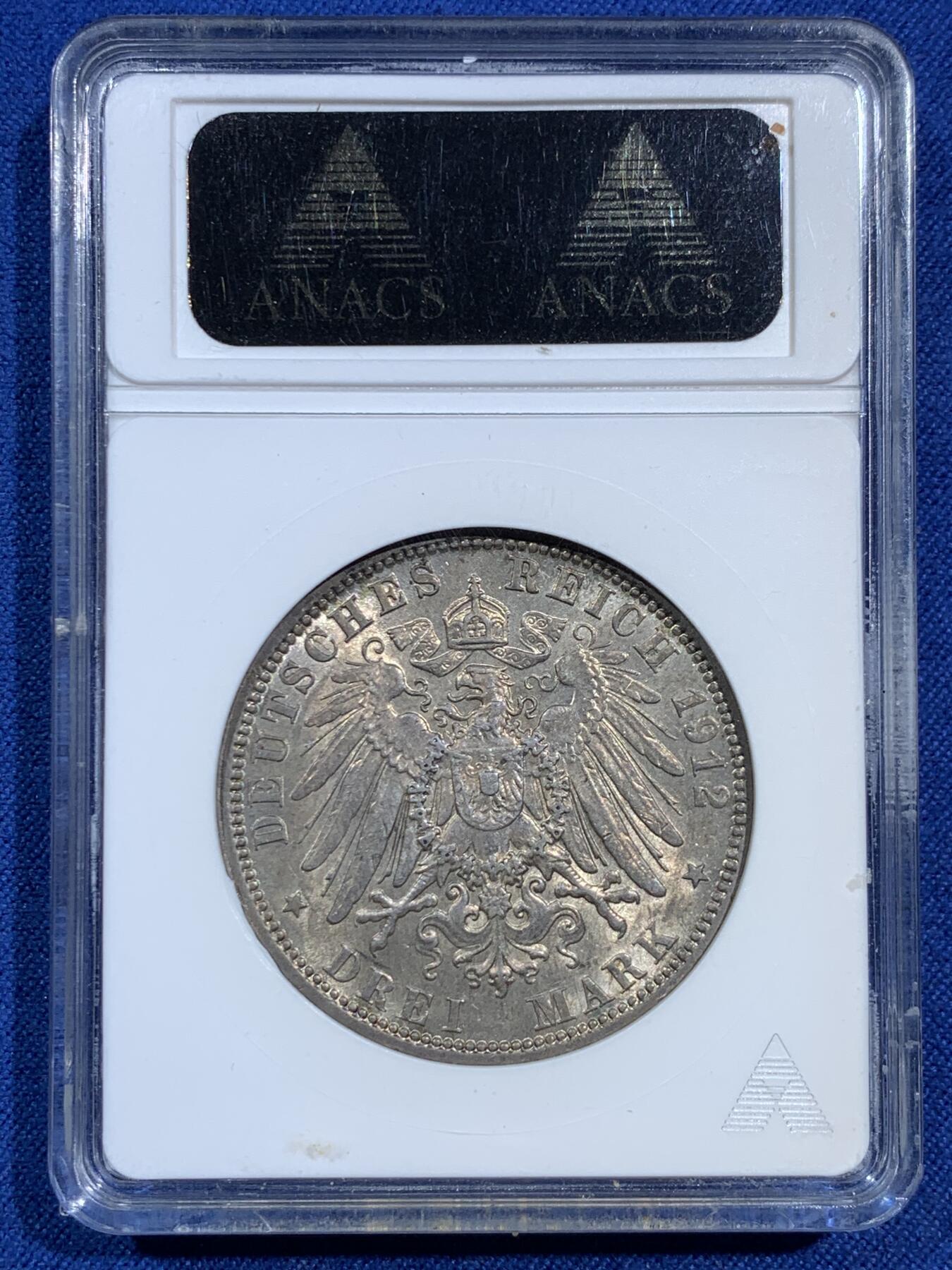 《竞宝斋》第473场 周日，周一 2场连拍 （全场包邮）欢迎送拍 ANACS MS61 德国1912年汉堡3马克 早期小白盒 原光五彩