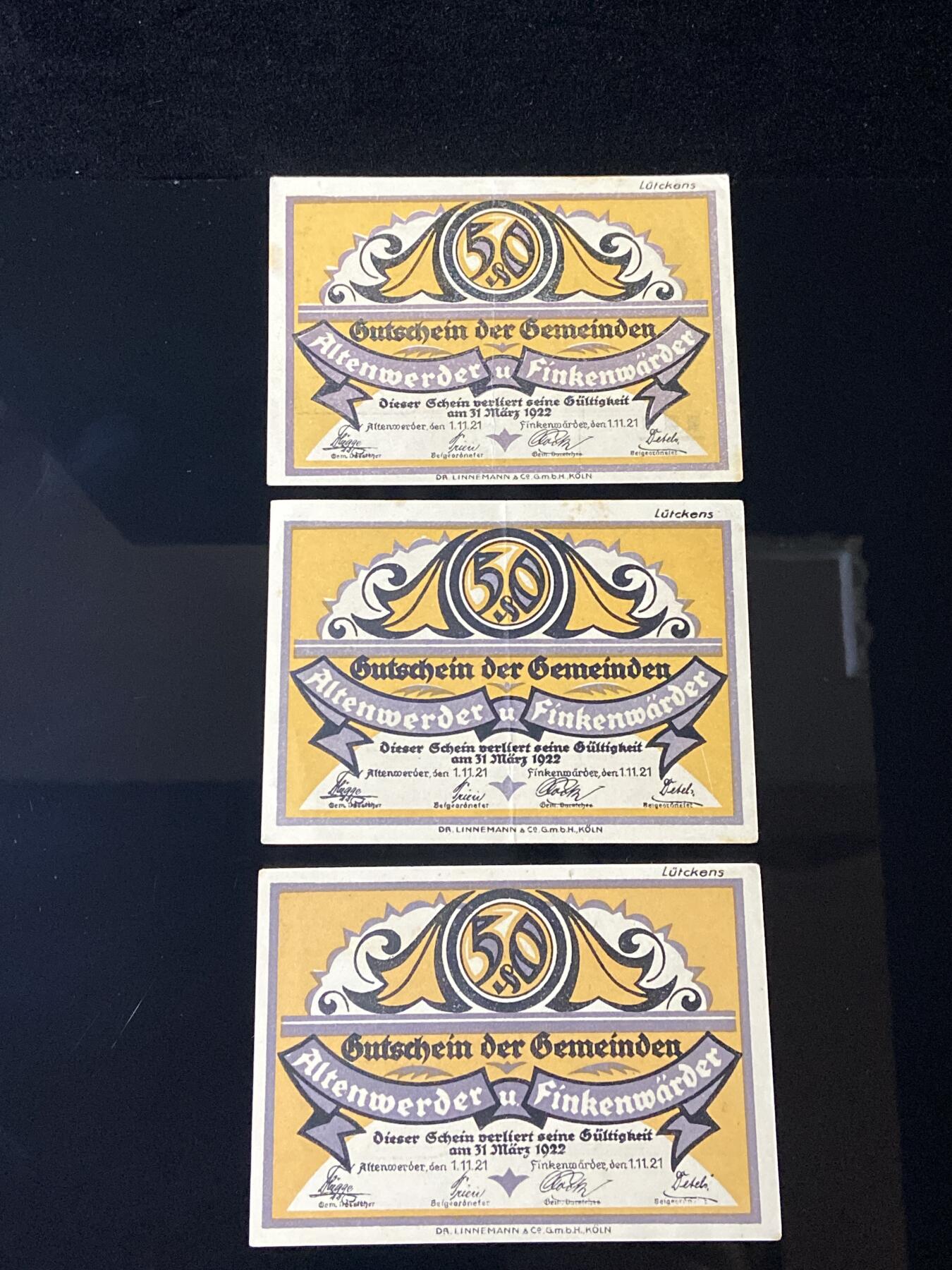 2026年第三十七场(总第二百零六场）德紧纸币特拍场(佣金3%，最低1元) 德紧纸币–德国讽刺汉堡市（Stadt Hamburg）吞并周边乡镇（阿尔滕韦德尔 Altenwerder、芬肯韦德尔 Finkenwerder 等）50芬妮三枚套票