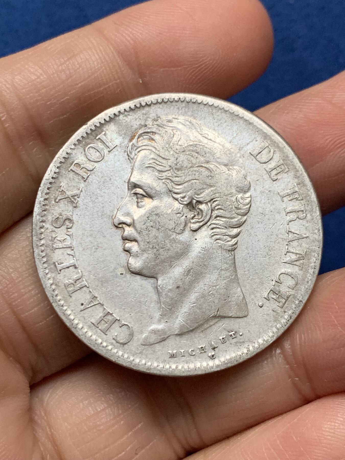 《竞宝斋》第473场 周日，周一 2场连拍 （全场包邮）欢迎送拍 法国1828年W版查理十世5法郎大银币，里尔造币厂