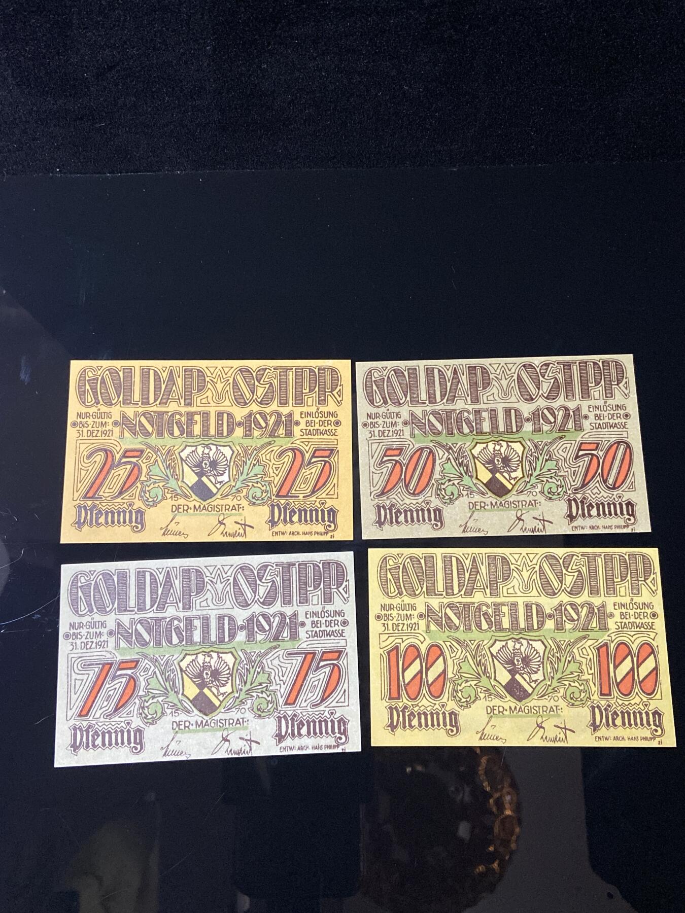 2026年第三十七场(总第二百零六场）德紧纸币特拍场(佣金3%，最低1元) 德紧纸币–德国东普鲁士戈尔达普市（Goldap，现波兰韦戈热沃Gołdap）25、50、75、100芬妮四枚套票