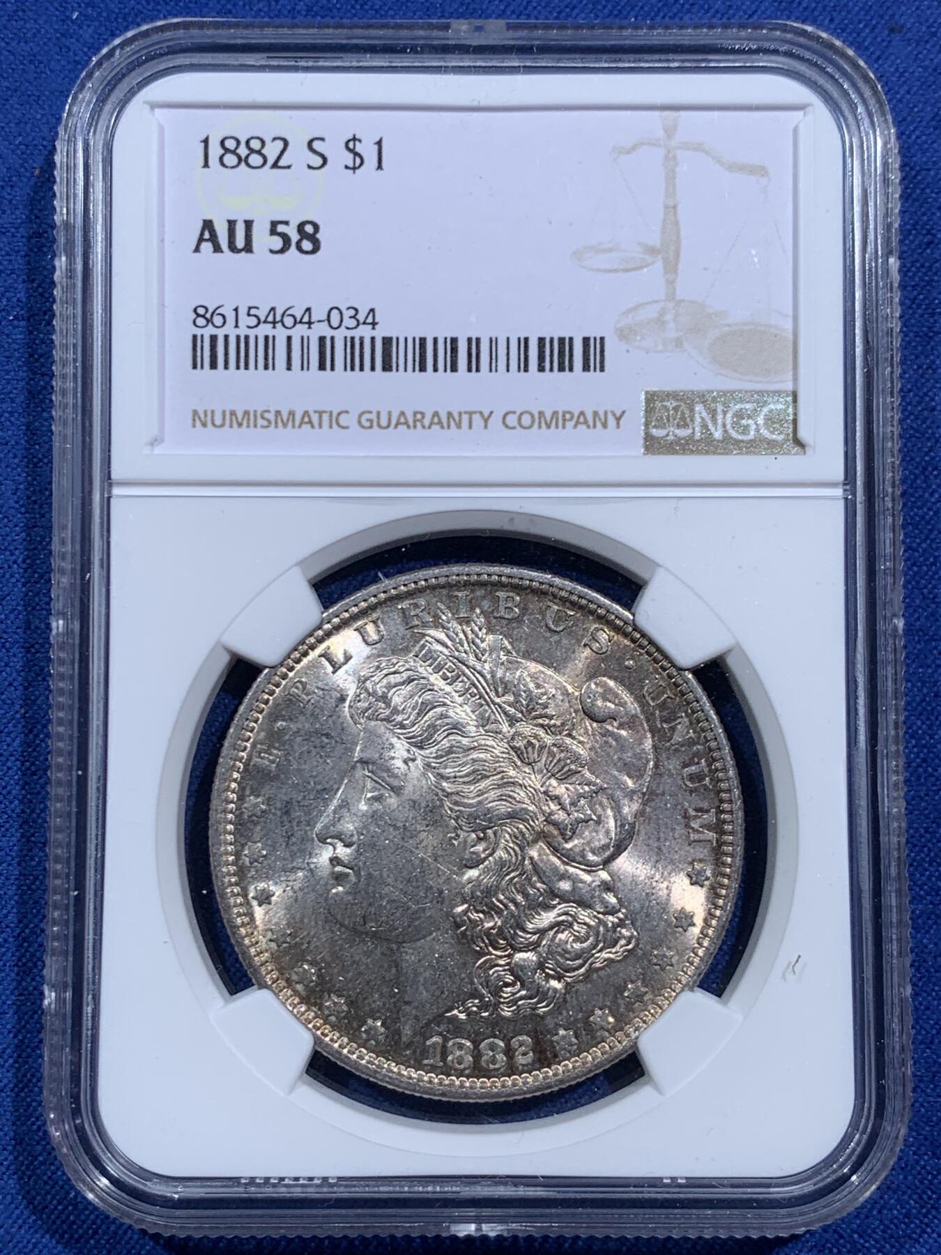 《竞宝斋》第473场 周日，周一 2场连拍 （全场包邮）欢迎送拍 NGC AU58 美国1882年摩根1美元银币