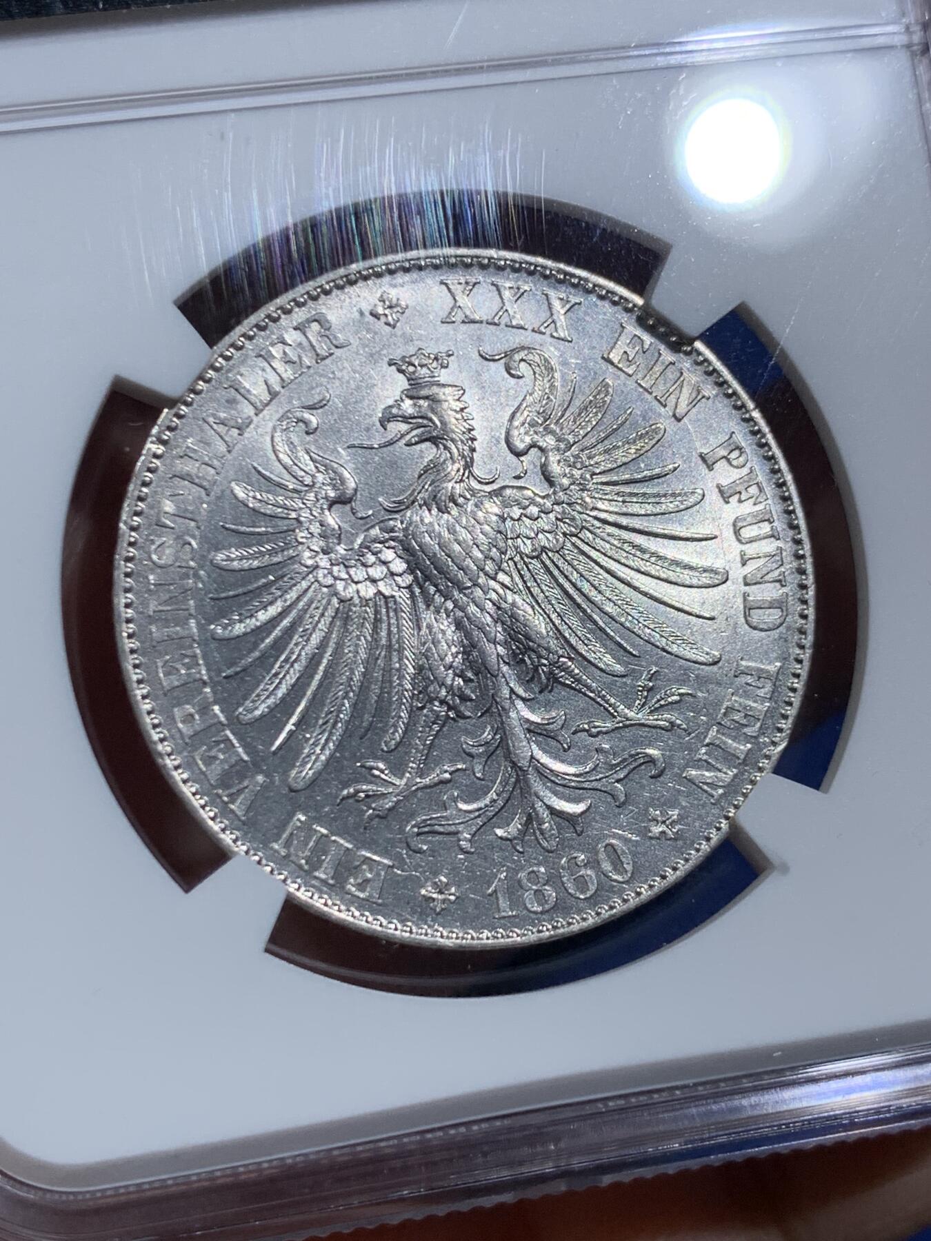 《竞宝斋》第473场 周日，周一 2场连拍 （全场包邮）欢迎送拍 NGC MS62 德国1860年法兰克福少女1泰勒银币，原光好品，非常火热的品种，MS62难度不小。