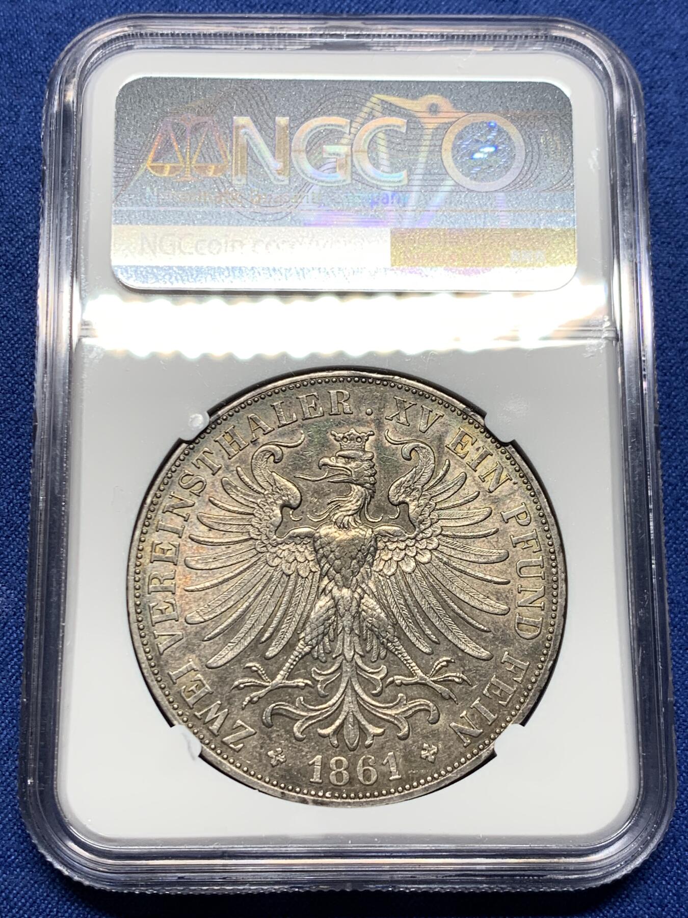 《竞宝斋》第473场 周日，周一 2场连拍 （全场包邮）欢迎送拍 NGC AUD 德国 1861年 法兰克福少女 2泰勒 银币 细节保存不错