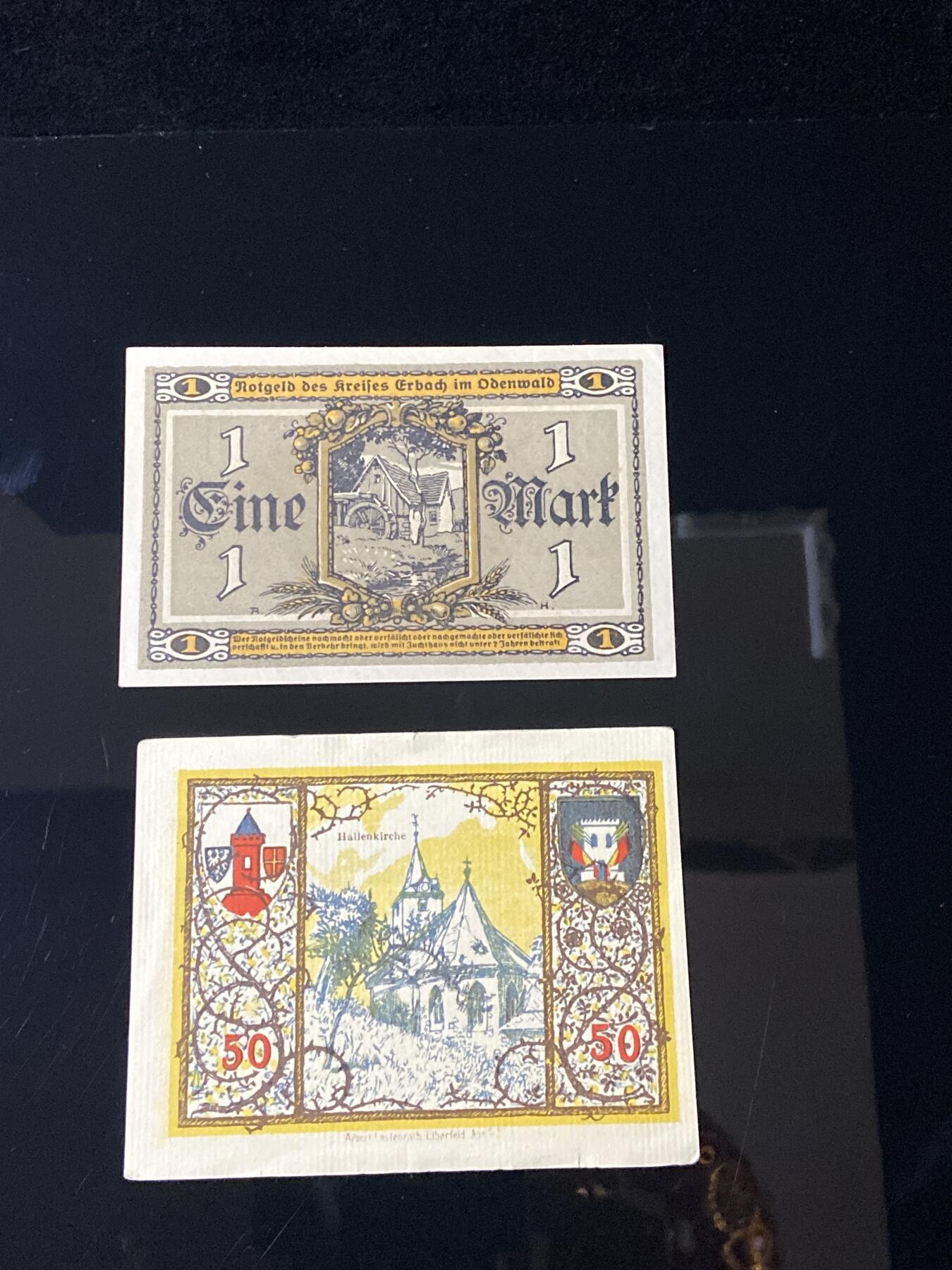 2026年第三十七场(总第二百零六场）德紧纸币特拍场(佣金3%，最低1元) 上方 1马克（1 Mark） 埃尔巴赫（Erbach i.O. ) ，下方 50芬尼（50 Pfennig） 韦斯特堡（Westerburg） 韦斯特堡市名+市政盾徽，几何纹装饰，呈现市政金融主题