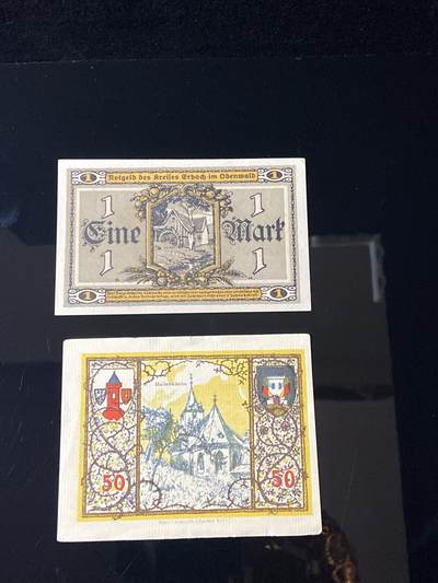 2026年第三十七场(总第二百零六场）德紧纸币特拍场(佣金3%，最低1元) - 上方 1马克（1 Mark） 埃尔巴赫（Erbach i.O. ) ，下方 50芬尼（50 Pfennig） 韦斯特堡（Westerburg） 韦斯特堡市名+市政盾徽，几何纹装饰，呈现市政金融主题