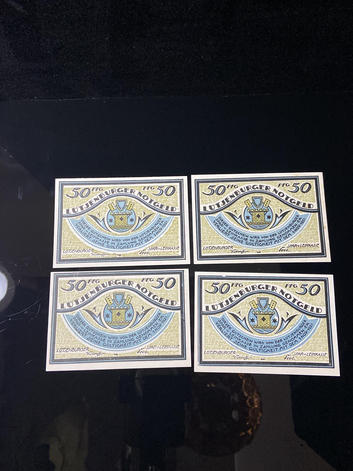 2026年第三十七场(总第二百零六场）德紧纸币特拍场(佣金3%，最低1元) 德紧纸币–德国石勒苏益格-荷尔斯泰因州吕滕堡市（Lüttenburg）50芬妮四枚套票