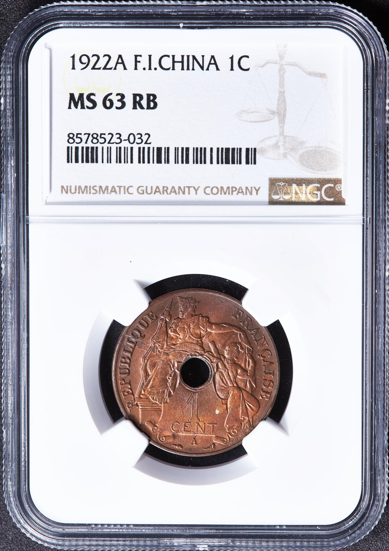 【俄甄集藏】2026年(050)04-01星期三 晚 19:30 全场包邮 法属印度支那1922年A版中孔百分之一（1分）铜币，NGC MS63RB，原铜光难得