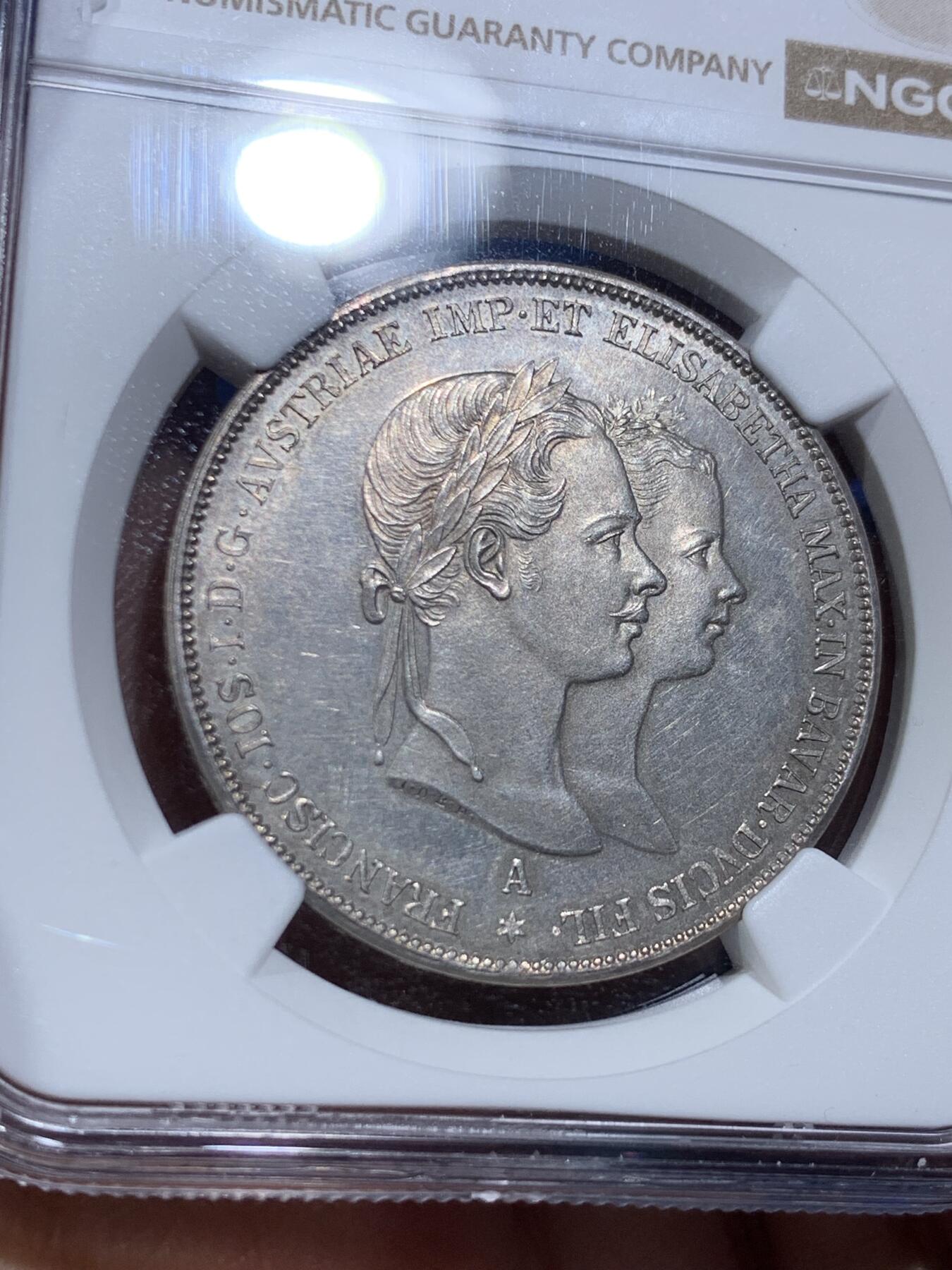 《竞宝斋》第473场 周日，周一 2场连拍 （全场包邮）欢迎送拍 NGC-MS62 奥匈帝国 奥地利 1854年 茜茜公主大婚 2盾大银币 25.9克大银币