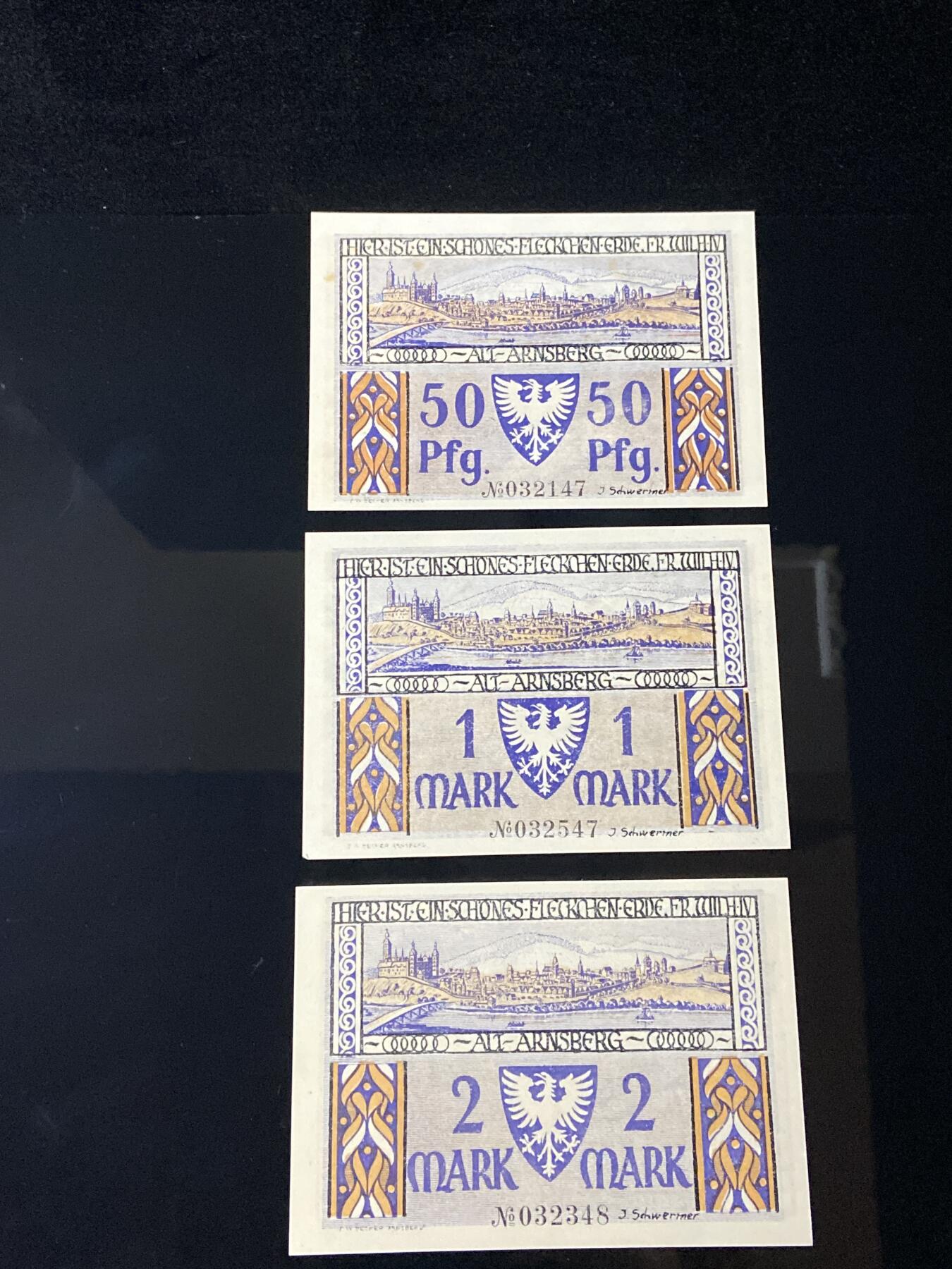 2026年第三十七场(总第二百零六场）德紧纸币特拍场(佣金3%，最低1元) 德紧纸币–德国阿尔斯费尔德（Alt-Arnsberg，今波兰阿尔恩斯堡 Arnsburg）50芬妮、1马克、2马克三枚套票