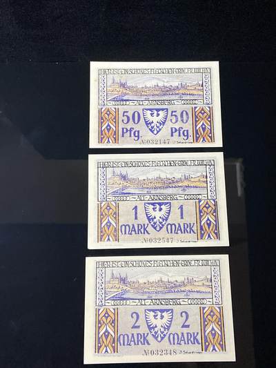 2026年第三十七场(总第二百零六场）德紧纸币特拍场(佣金3%，最低1元) - 德紧纸币–德国阿尔斯费尔德（Alt-Arnsberg，今波兰阿尔恩斯堡 Arnsburg）50芬妮、1马克、2马克三枚套票