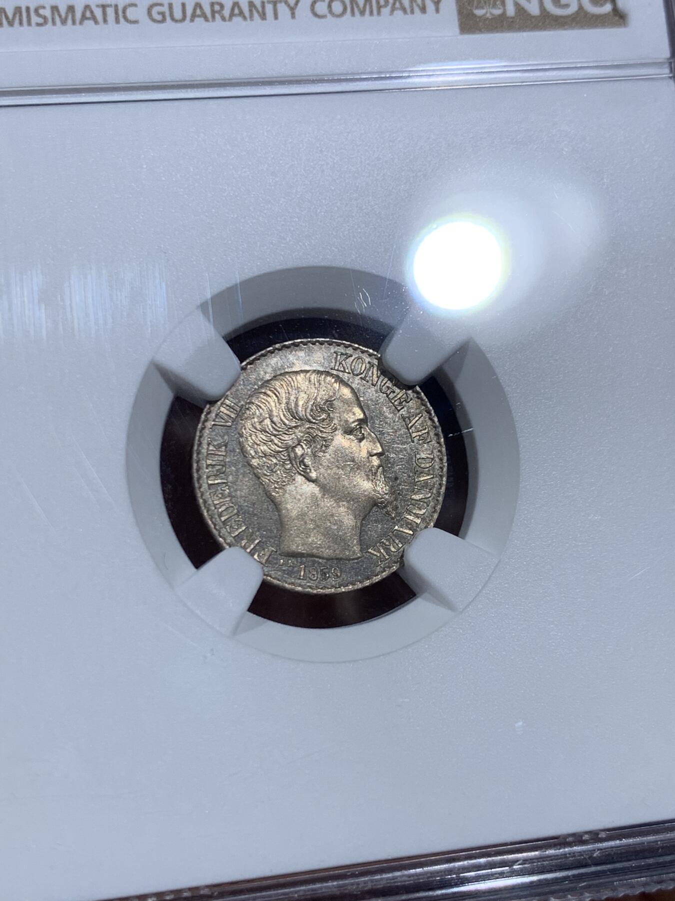 《竞宝斋》第473场 周日，周一 2场连拍 （全场包邮）欢迎送拍 NGC PL63 丹属西印度群岛 1859年  腓特烈七世 5分银币 目录标注发行量仅10枚 PL版本