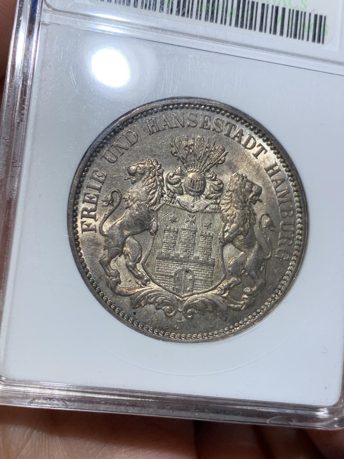 《竞宝斋》第473场 周日，周一 2场连拍 （全场包邮）欢迎送拍 ANACS MS61 德国1912年汉堡3马克 早期小白盒 原光五彩