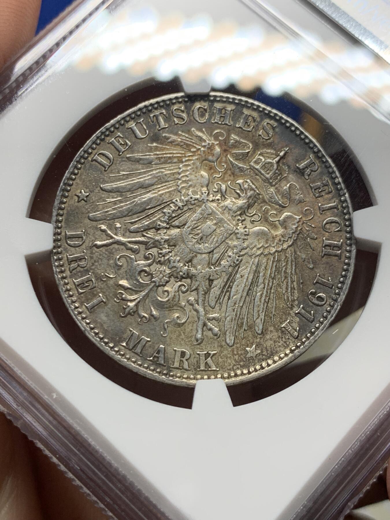 《竞宝斋》第473场 周日，周一 2场连拍 （全场包邮）欢迎送拍 NGC AUD 德国1911年巴伐利亚柳特波德90大寿3马克银币