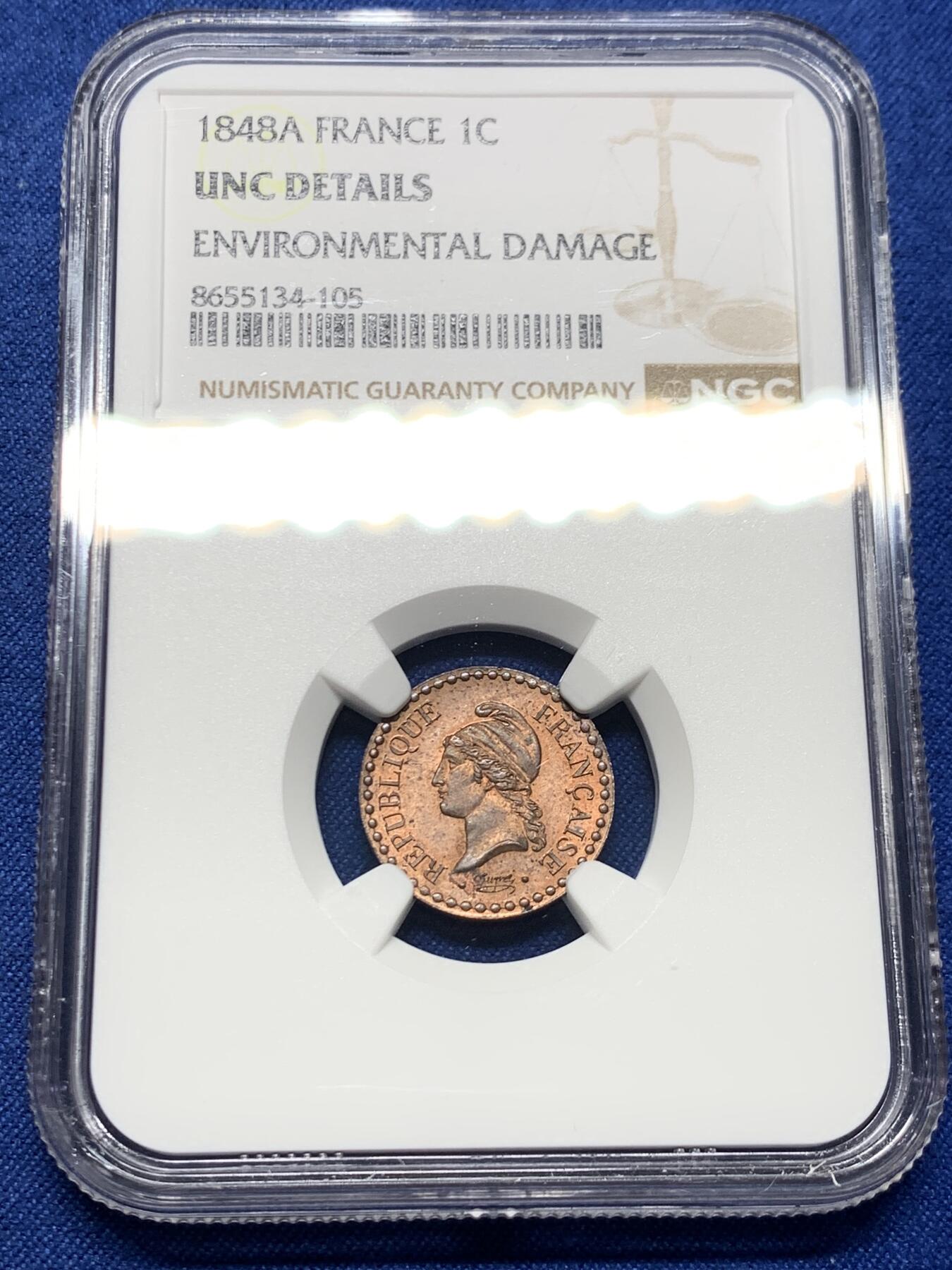 《竞宝斋》第473场 周日，周一 2场连拍 （全场包邮）欢迎送拍 NGC UNCD 法国 1848A 1分 铜币