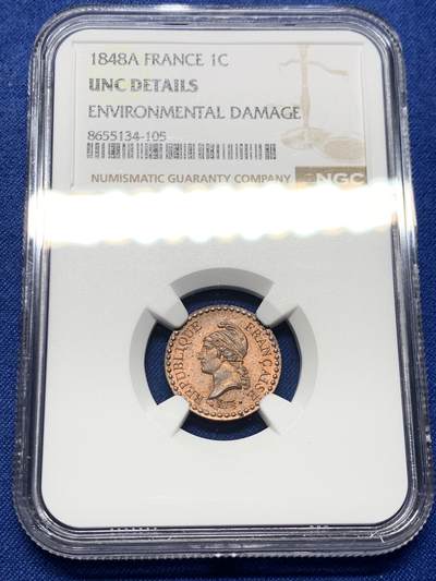 《竞宝斋》第473场 周日，周一 2场连拍 （全场包邮）欢迎送拍 - NGC UNCD 法国 1848A 1分 铜币