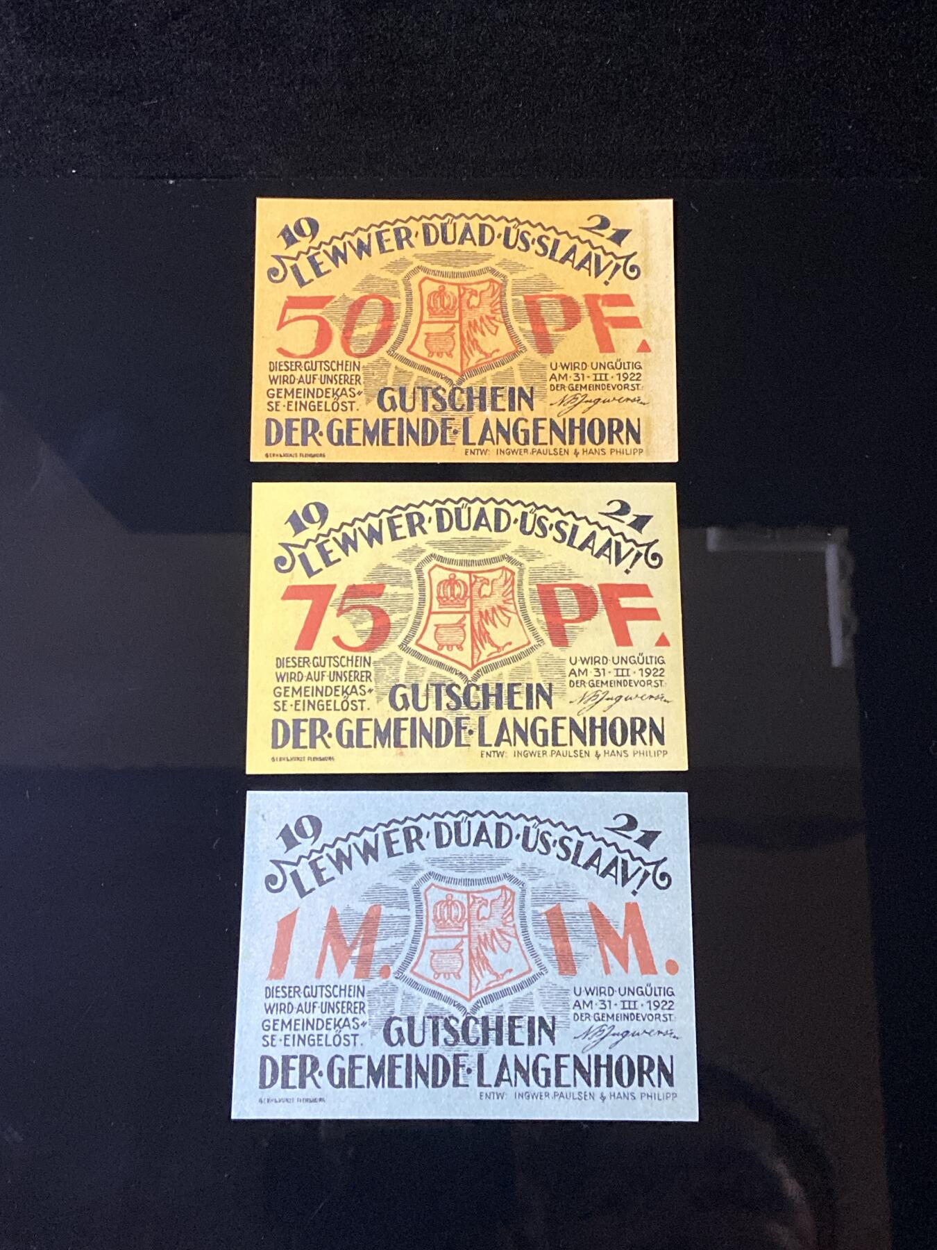 2026年第三十七场(总第二百零六场）德紧纸币特拍场(佣金3%，最低1元) 德紧纸币–德国石勒苏益格-荷尔斯泰因州朗根霍恩乡（Gemeinde Langenhorn，弗里斯兰地区）50、75芬妮、1马克三枚套票