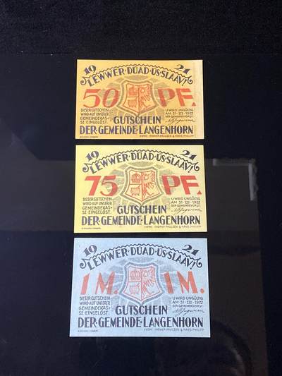 2026年第三十七场(总第二百零六场）德紧纸币特拍场(佣金3%，最低1元) - 德紧纸币–德国石勒苏益格-荷尔斯泰因州朗根霍恩乡（Gemeinde Langenhorn，弗里斯兰地区）50、75芬妮、1马克三枚套票
