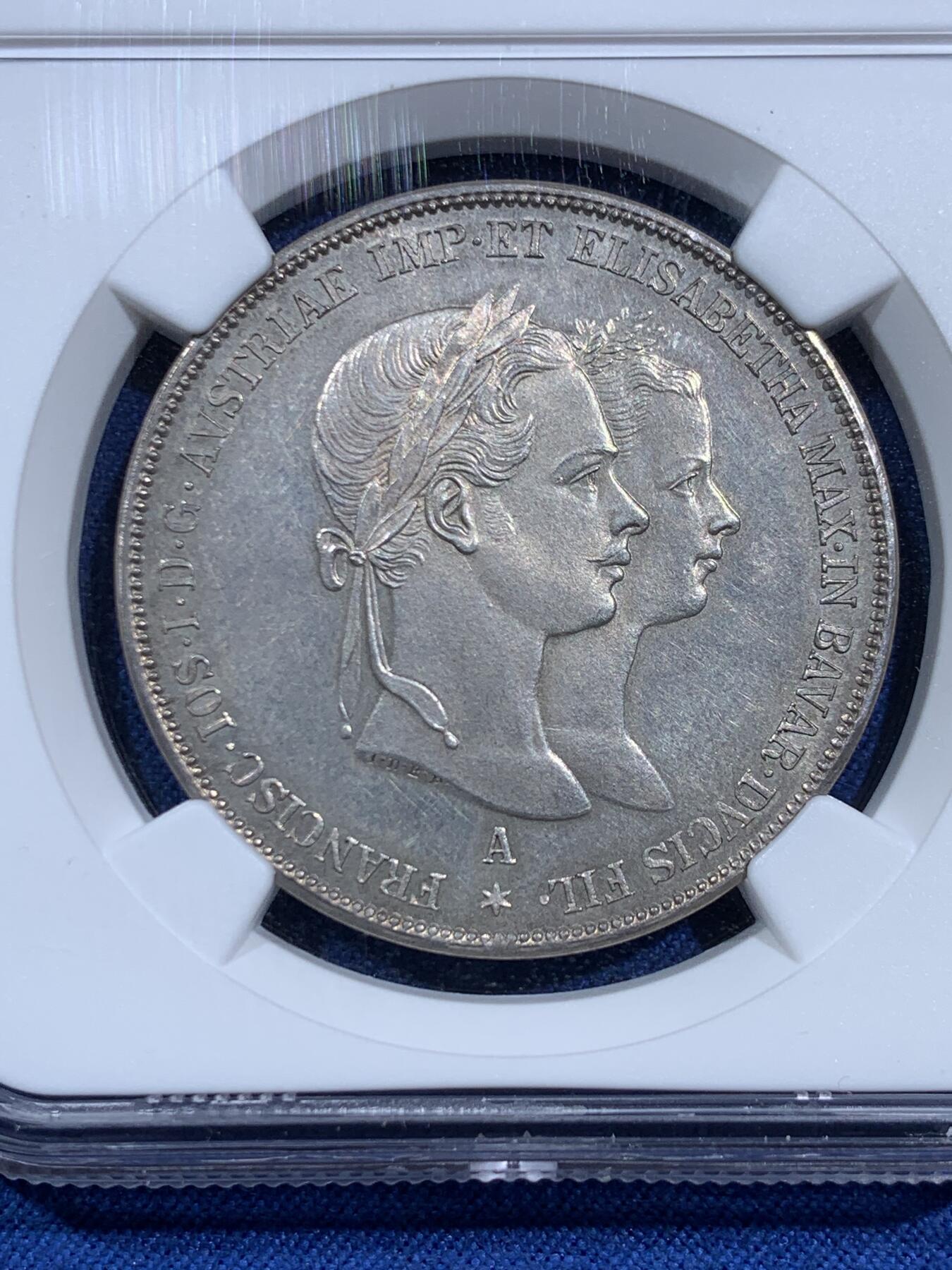 《竞宝斋》第473场 周日，周一 2场连拍 （全场包邮）欢迎送拍 NGC-MS62 奥匈帝国 奥地利 1854年 茜茜公主大婚 2盾大银币 25.9克大银币