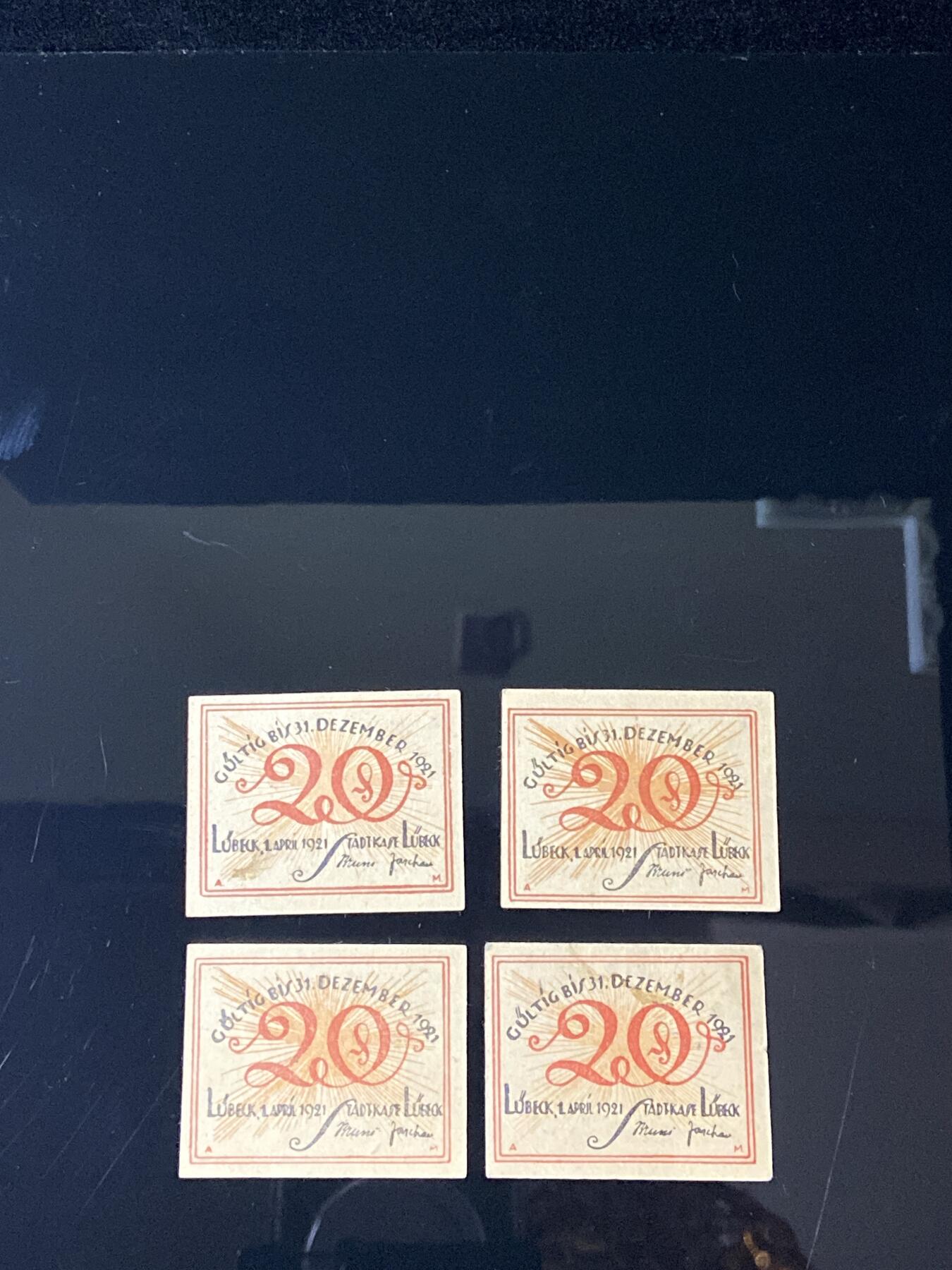 2026年第三十七场(总第二百零六场）德紧纸币特拍场(佣金3%，最低1元) 德紧纸币–德国石勒苏益格-荷尔斯泰因州吕贝克市（Lübeck）20芬妮四枚套票