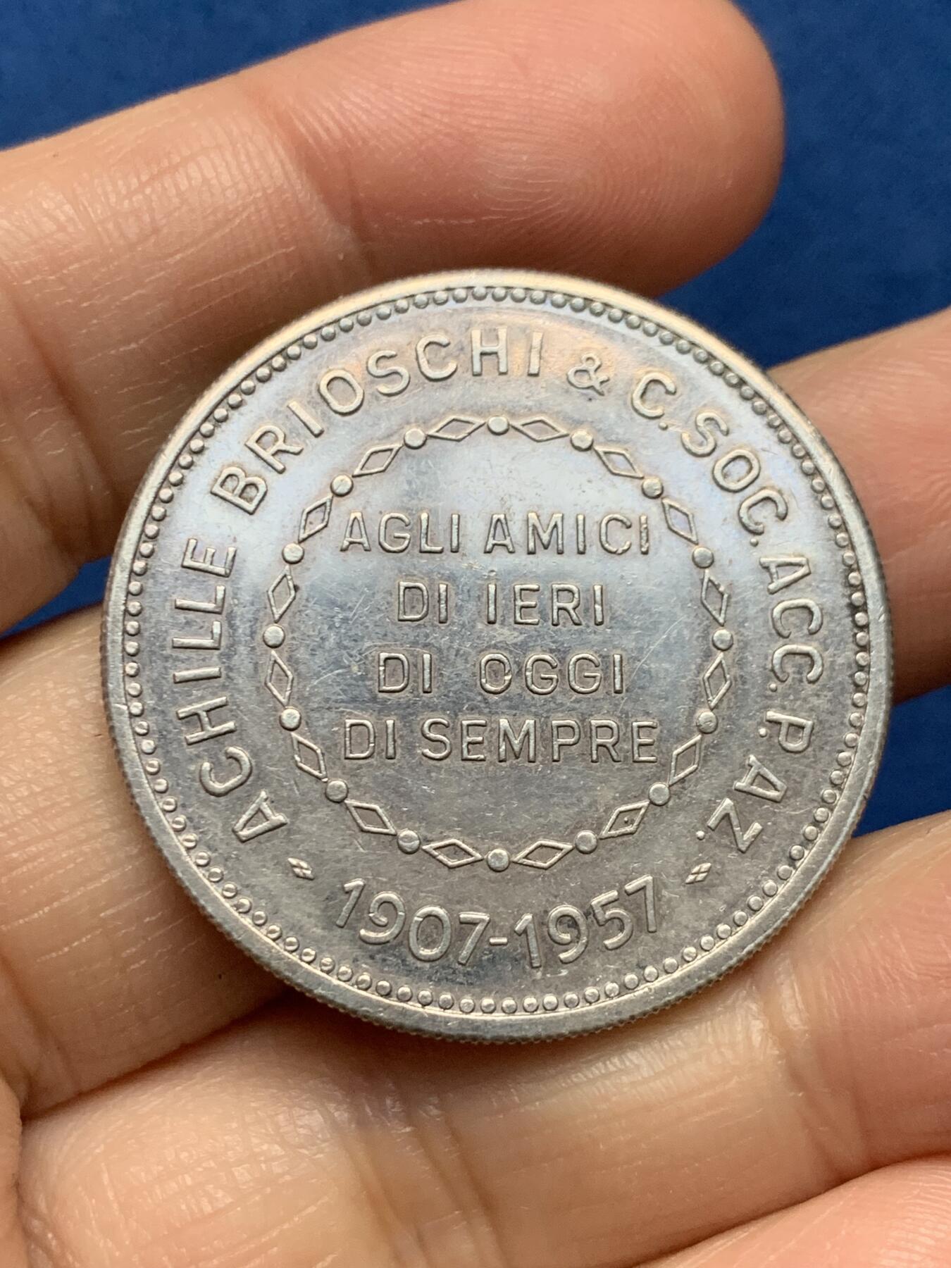 《竞宝斋》第473场 周日，周一 2场连拍 （全场包邮）欢迎送拍 意大利 1957 Achille Brioschi &C建立50周年纪念银章 35.3mm 20.15克 900银 少见