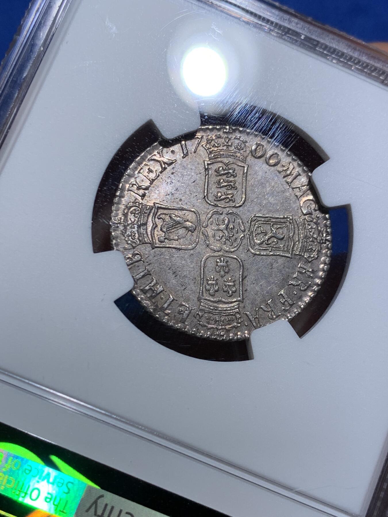 《竞宝斋》第473场 周日，周一 2场连拍 （全场包邮）欢迎送拍 NGC-MS64 英国 1700年威廉三世一先令银币 英系毕业级收藏