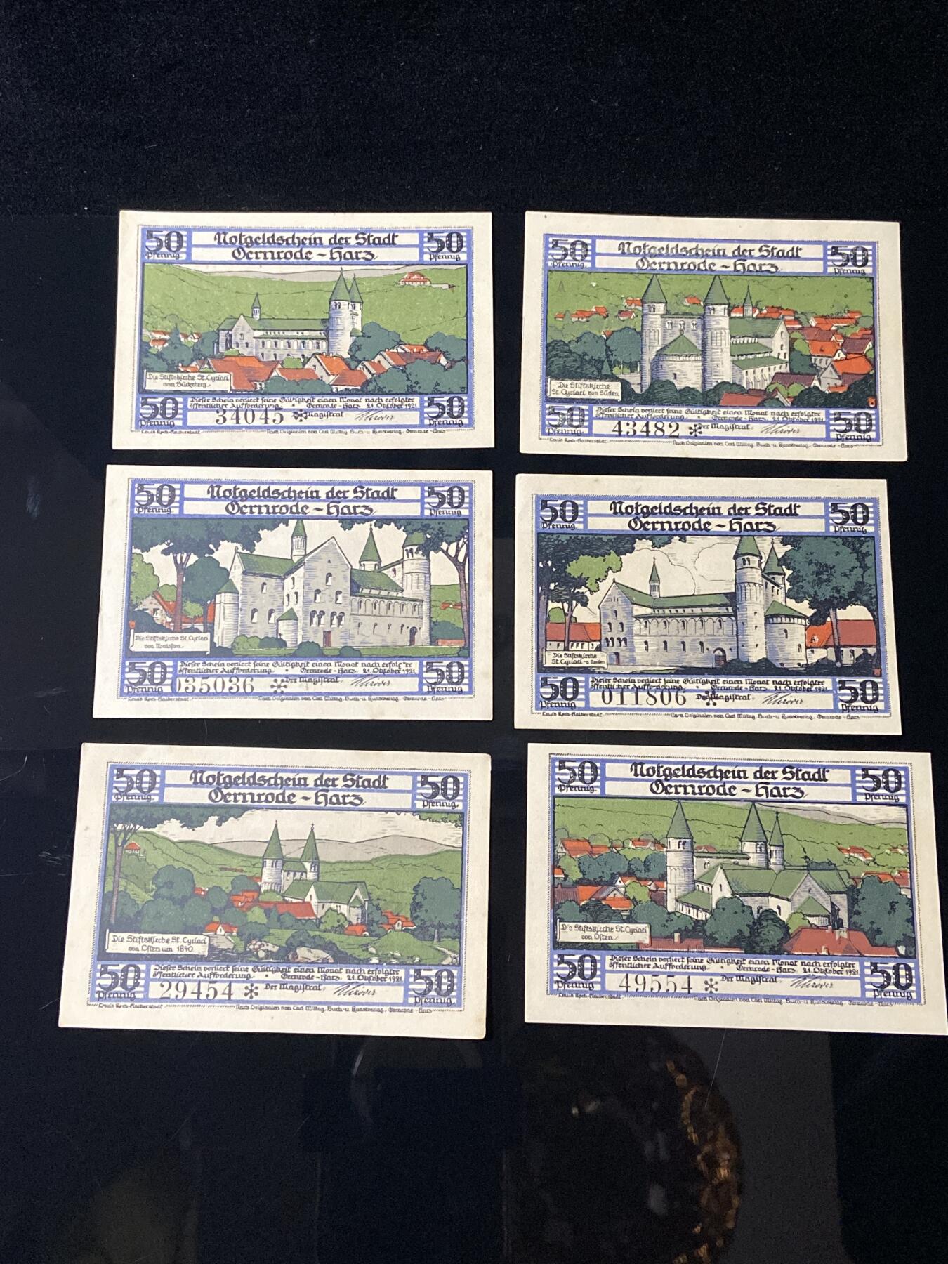 2026年第三十七场(总第二百零六场）德紧纸币特拍场(佣金3%，最低1元) 稀有德紧纸币–德国萨克森-安哈尔特州格尔罗德市（Gernrode-Harz，哈茨山区格尔罗德）50芬妮六枚套票