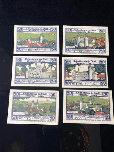 2026年第三十七场(总第二百零六场）德紧纸币特拍场(佣金3%，最低1元) - 稀有德紧纸币–德国萨克森-安哈尔特州格尔罗德市（Gernrode-Harz，哈茨山区格尔罗德）50芬妮六枚套票