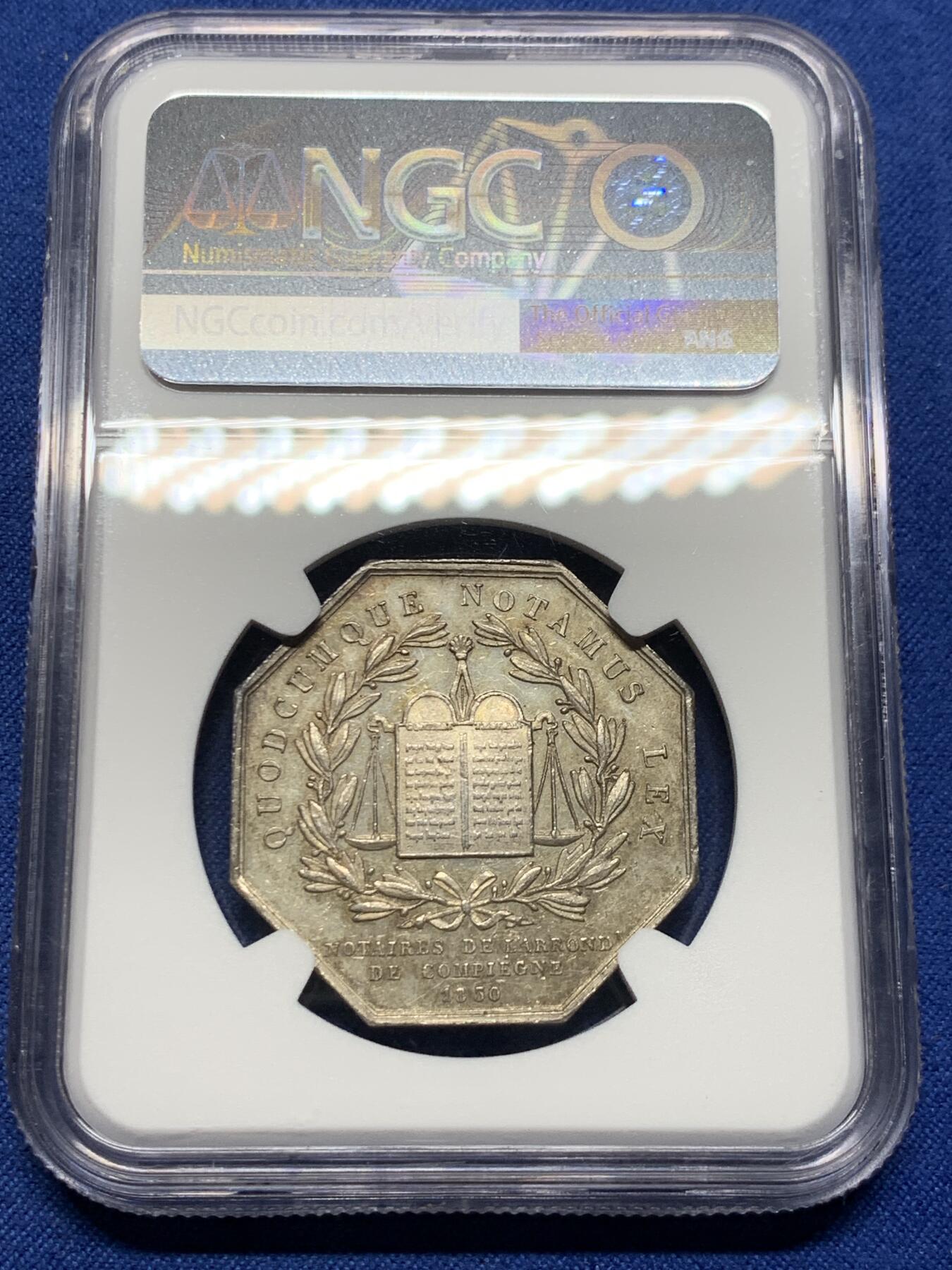 《竞宝斋》第473场 周日，周一 2场连拍 （全场包邮）欢迎送拍 NGC MS63 法国1830年公证人协会银质八角代币，少见款，正面图案为高卢雄鸡，象征法国的国家精神。