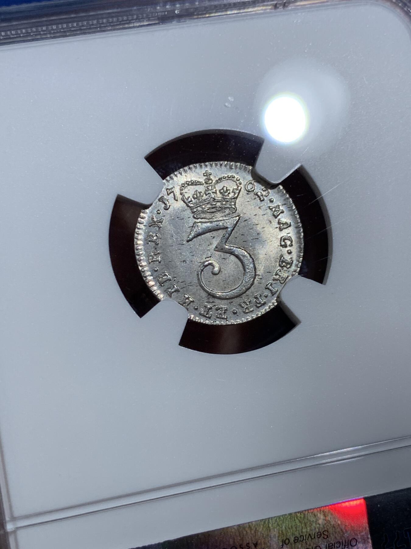 《竞宝斋》第473场 周日，周一 2场连拍 （全场包邮）欢迎送拍 NGC MS64 英国1762年乔治三世3便士濯足币，原光，高分难得