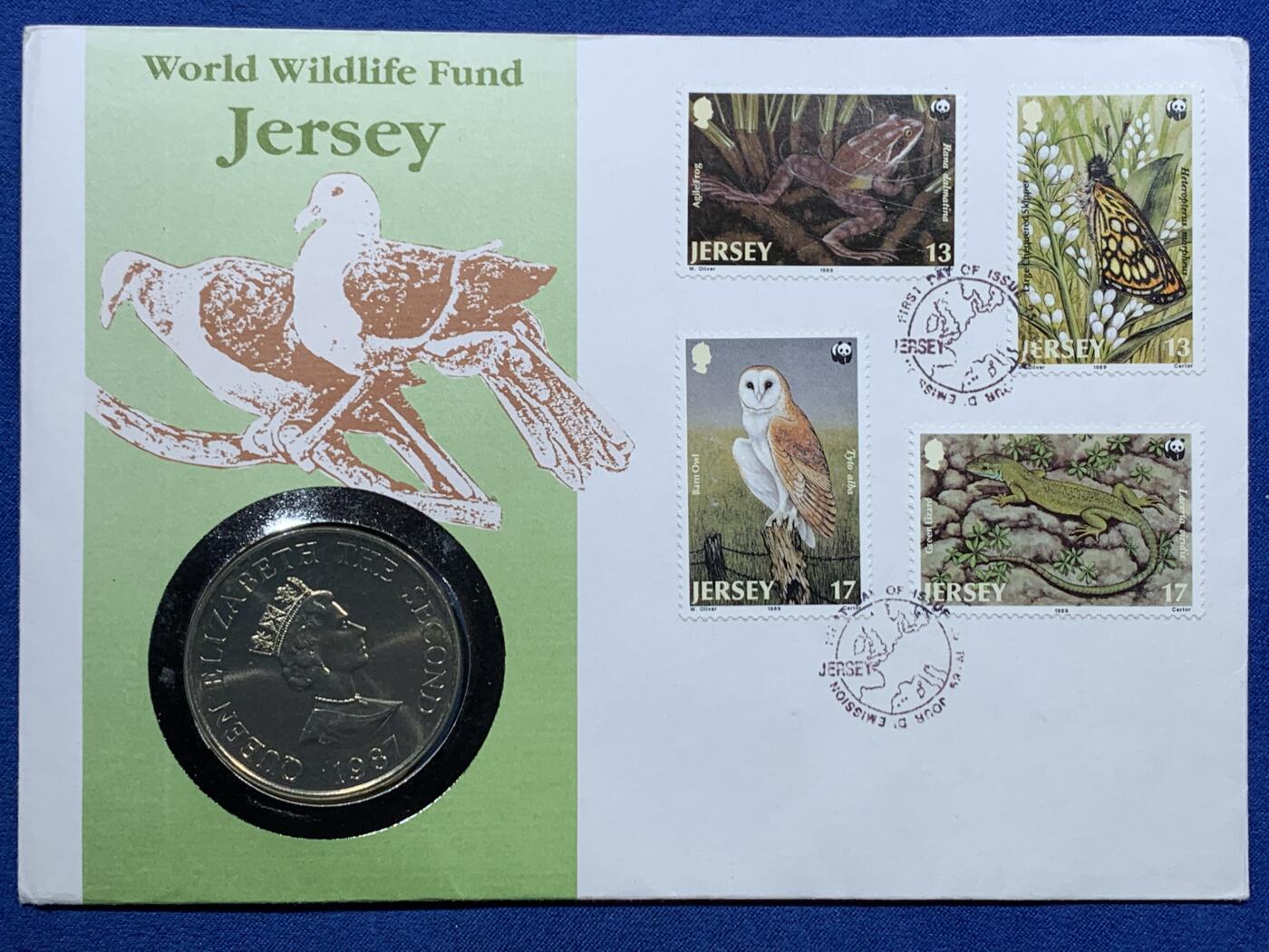 《竞宝斋》第473场 周日，周一 2场连拍 （全场包邮）欢迎送拍 泽西岛1987年世界野生动物基金会(WWF)主题邮币封 带一枚2镑纪念币