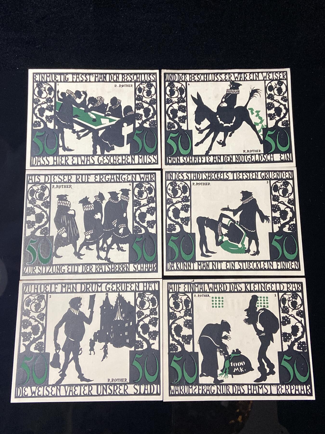 2026年第三十七场(总第二百零六场）德紧纸币特拍场(佣金3%，最低1元) 德紧纸币–德国巴伐利亚州基青根市（Kitzingen am Main），纸币标注 KITZINGEN a.M. / DER STADT （美因河畔基青根市）50芬妮六枚套票