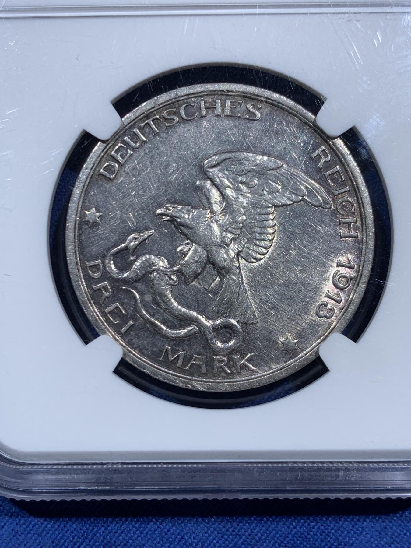 《竞宝斋》第473场 周日，周一 2场连拍 （全场包邮）欢迎送拍 NGC AUD 德国1913年拿破仑战争胜利百年3马克银币 重16.667g