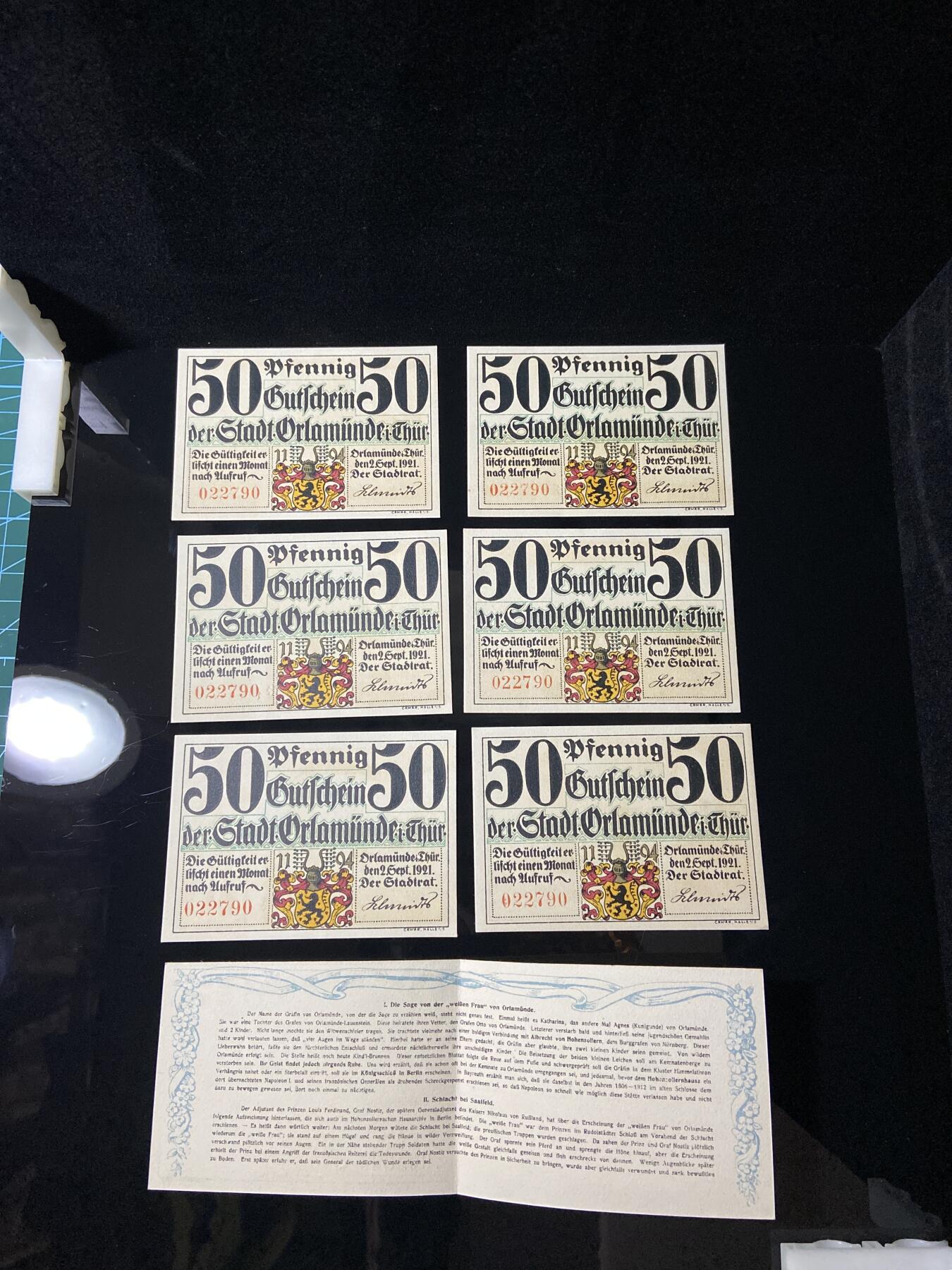 2026年第三十七场(总第二百零六场）德紧纸币特拍场(佣金3%，最低1元) 德紧纸币–德国图林根州奥拉明德市（Orlamünde in Thüringen）50芬妮六枚套票