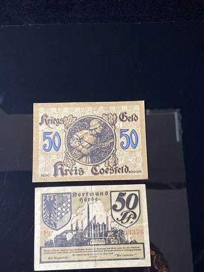 2026年第三十七场(总第二百零六场）德紧纸币特拍场(佣金3%，最低1元) - 德紧纸币–德国科斯费尔德（Coesfeld）50芬妮，德国多特蒙德（Dortmund）50芬妮