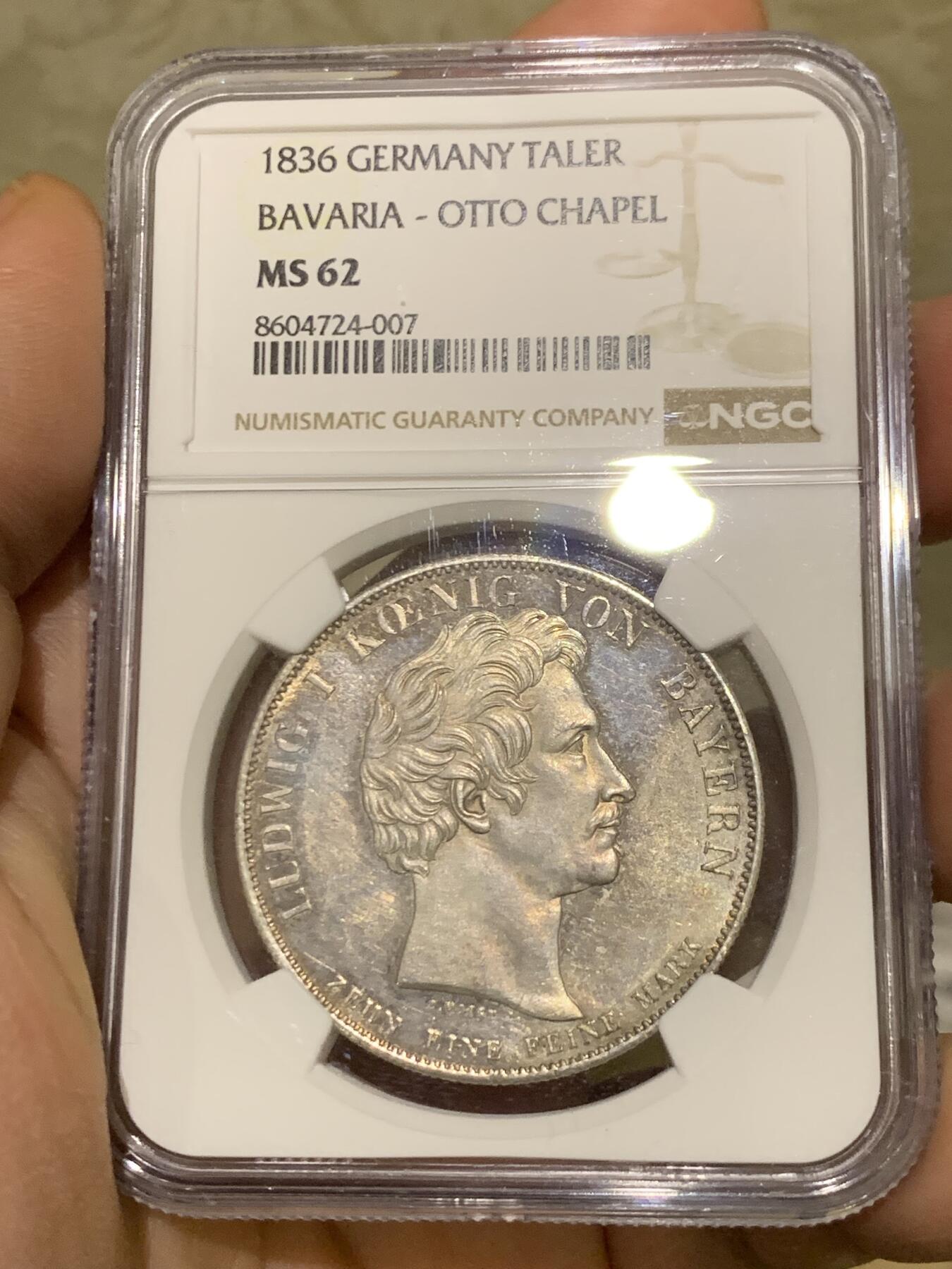 《竞宝斋》第473场 周日，周一 2场连拍 （全场包邮）欢迎送拍 NGC MS62 德意志巴伐利亚1836年 路德维希一世 奥托王子纪念堂泰勒大银币 PL质感 不可多的的状态
