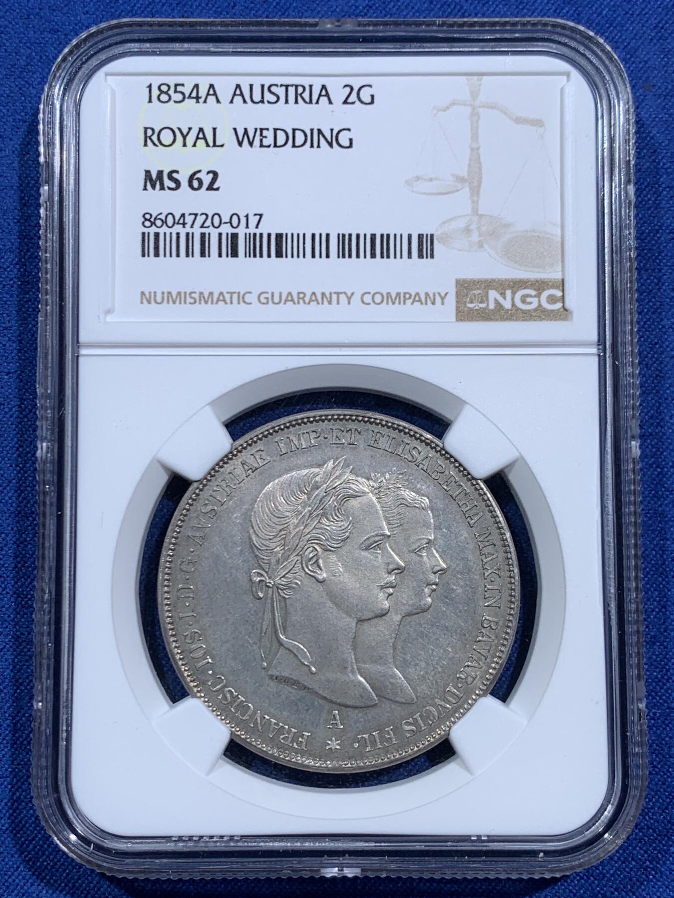 《竞宝斋》第473场 周日，周一 2场连拍 （全场包邮）欢迎送拍 NGC-MS62 奥匈帝国 奥地利 1854年 茜茜公主大婚 2盾大银币 25.9克大银币