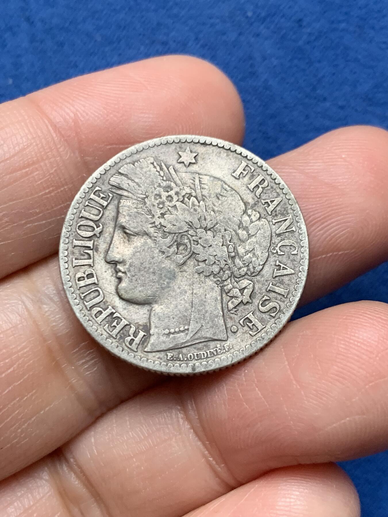 《竞宝斋》第473场 周日，周一 2场连拍 （全场包邮）欢迎送拍 两枚一组 法国谷物女神银币 1850A 5法郎 24.8克+1895年2法郎 9.75克